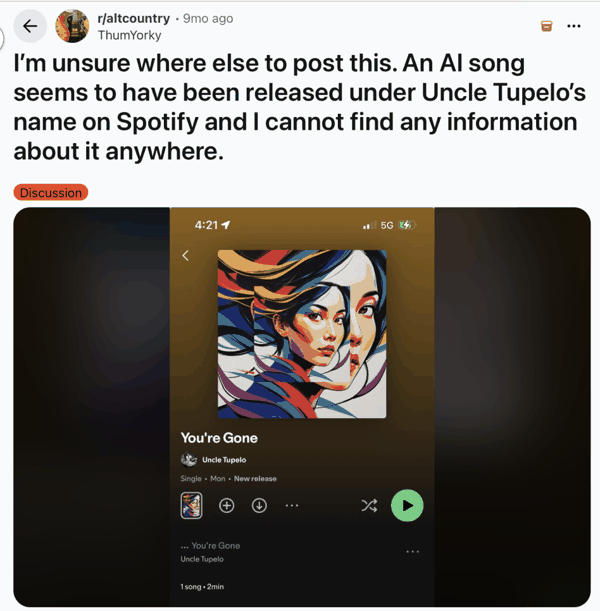 有乐迷发现，在一名已去世的歌手 Spotify 页面里居然上传了新歌（AI 制作的）｜图源：Reddit