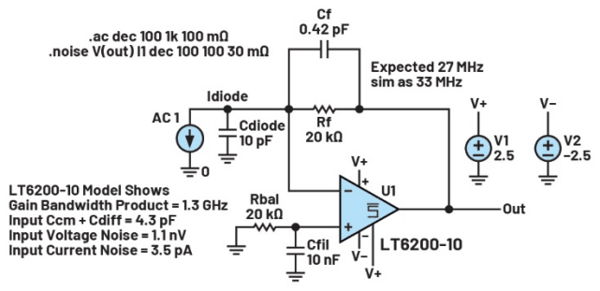 图1.双极性电源跨阻放大器级的初步设计