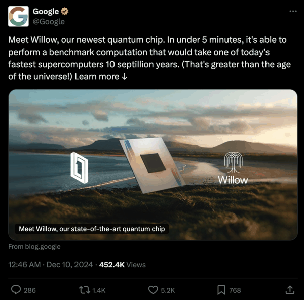 谷歌在X发布Willow