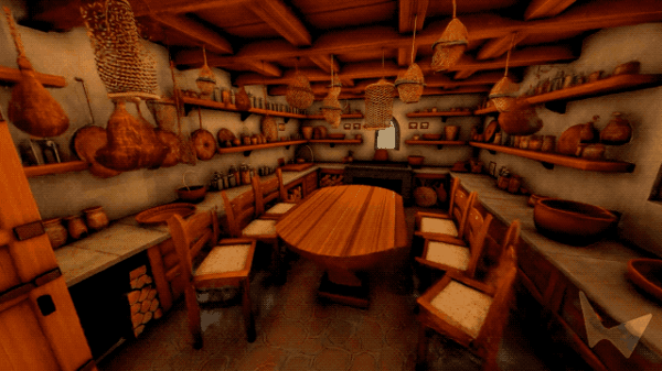 ▲ 文本提示词：一个住过人的霍比特厨房，摆满了编织篮子和铜壶，沐浴在宁静的浅蓝色日光中