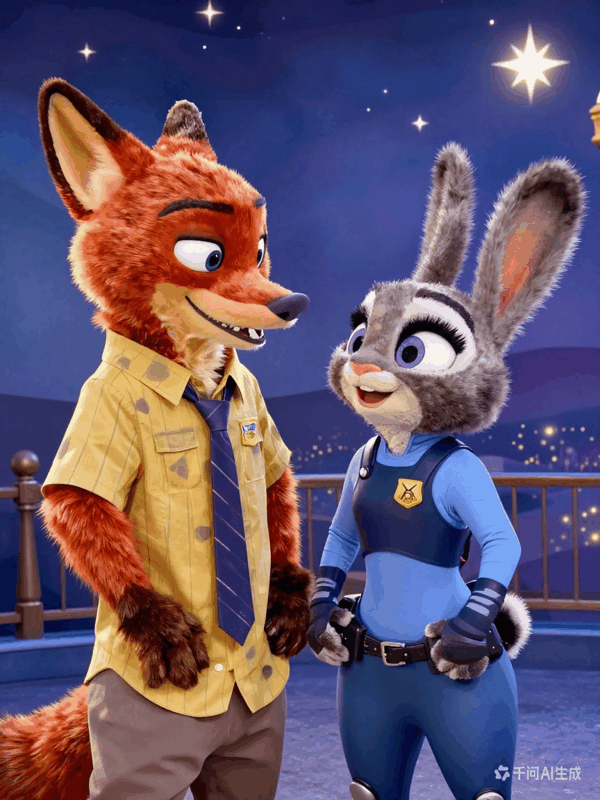 提示词：生成一张尼克狐尼克和朱迪兔朱迪在爱乐之城星光下，对视微笑的图像
