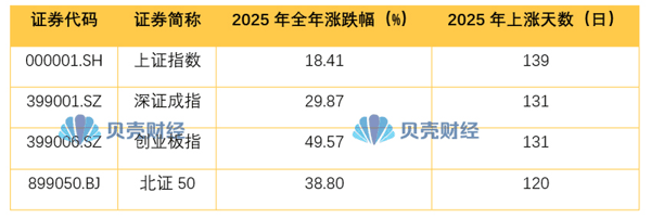 2025年A股主要指数涨跌幅变化。
