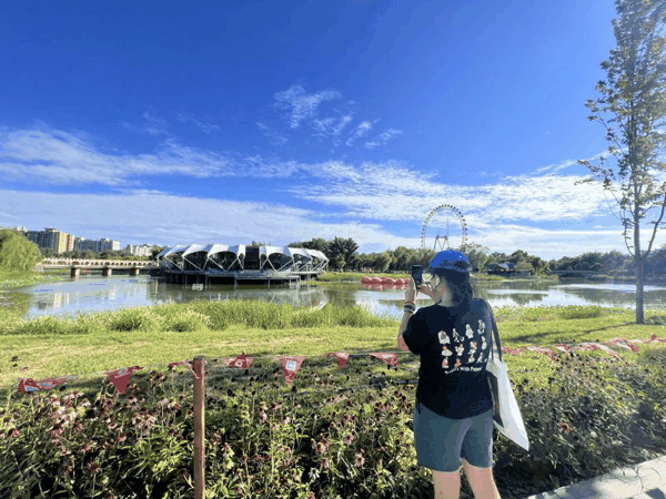 ▲北京龙潭中湖公园，游客在打卡拍照。新京报记者 陈璐 摄