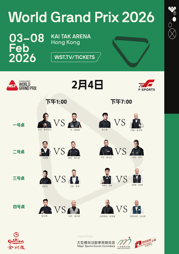 图为2026斯诺克世界大奖赛2月4日对阵图