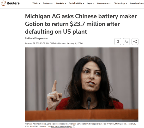 图说：密歇根州总检察长要求国轩高科退还2370万美元补贴