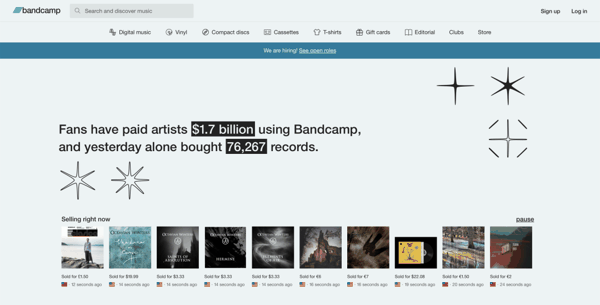 Bandcamp 的商业模式是乐迷直接向音乐人「买歌」｜图源：Bandcamp
