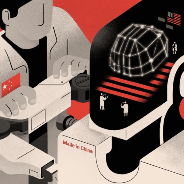 一幅插图：一名胸前印有中国国旗的工人正在操作一台机器人，机器人正面写着“中国制造”。在机器人的“大脑”内部，则有几个站在美国国旗下的小型人类身影。