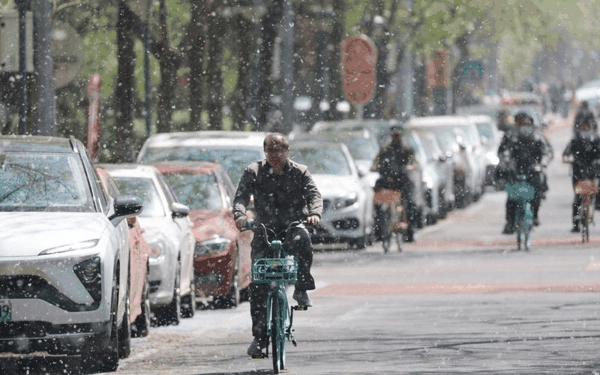 4月10日，北京市西城区，市民在杨柳絮飘飞的街道上骑行。图/IC photo