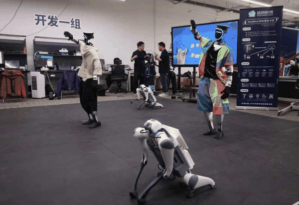 机器人拉拉队由不同品牌的人形机器人和机器狗组成。新京报记者 李木易 摄