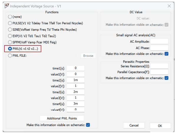 图1. 定义PWL函数中的时间和数值点