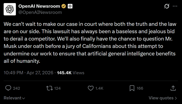 ▲OpenAI Newsroom在X上发文（图源：X）
