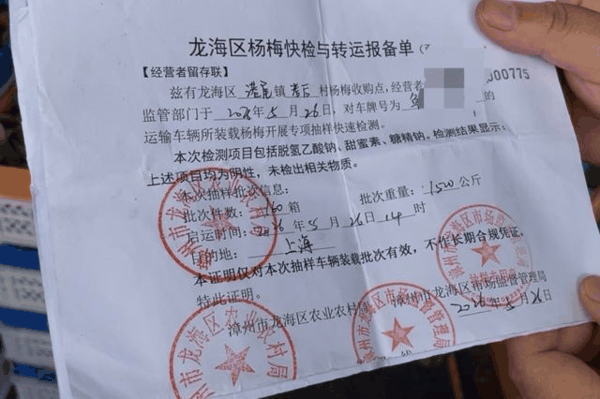 西郊国际内的杨梅批发商展示随车抽检的检测证明。摄影/冯小芯