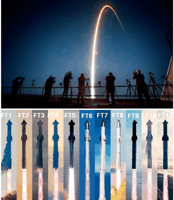 上图：2025年2月26日，美国佛罗里达州，美国NASA的Nova-C月球着陆器由SpaceX的猎鹰9号火箭发射升空。图/IC 下图：“星舰”的11次试飞 图/SpaceX社交媒体