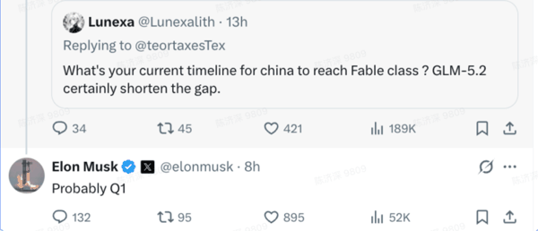 马斯克在社交平台X上回复网友提问，称中国大模型达到Fable水平“可能在（2027年）一季度”