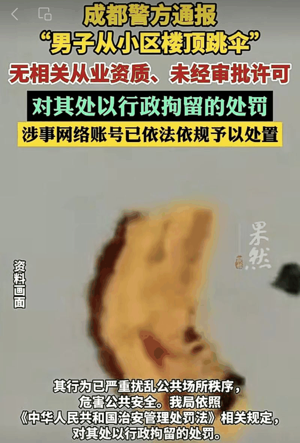 ▲“跳伞教练卡卡西”被拘留。图/齐鲁晚报