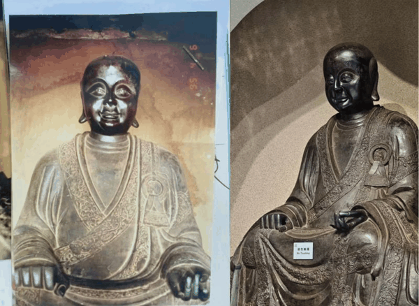 左图为中国被盗（丢失）文物信息发布平台发布的被盗佛像照片，右图为网友提供观复博物馆涉及相关佛像照片。