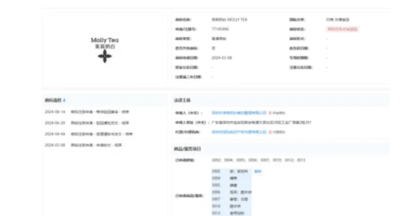 茉莉奶白其中一个被驳回的商标。（图/企查查）
