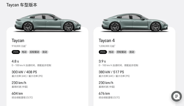 Taycan官方起售价仍为91.8万元/图源：保时捷官网