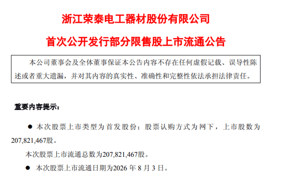 图2：浙江荣泰首次公开发行部分限售股上市流通公告