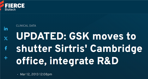 GSK宣布关闭Sirtris，图源丨FierceBiotech