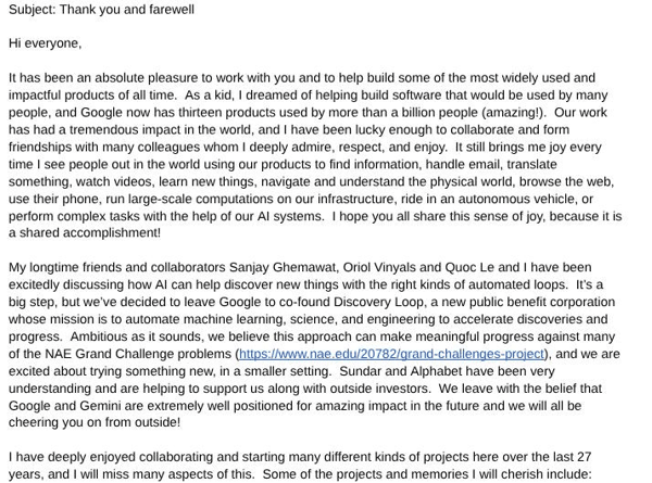 Jeff Dean 在 x 上发布的离职公告｜图片来源：x