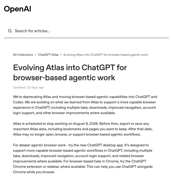OpenAI 官方发布公告，正式砍掉了 Atlas 浏览器｜图片来源：OpenAI 官网