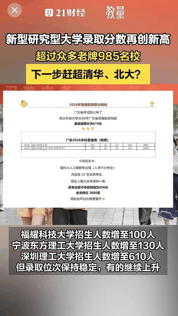 ▲我国新型研究型大学今年录取分数再创新高。图/21世纪经济报道