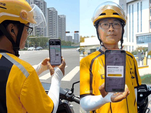 ▲骑手展示美团App页面：左侧为路口等红灯计时页面，右侧为配送完成后计时顺延页面。学生在操场奔跑。图/光明网