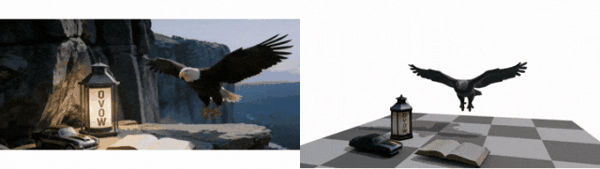 动态 GIF：左侧为野外飞鹰视频，右侧为 OVOW 恢复的拓扑一致非刚性 4D Mesh。画面来自 OVOW 项目主页官方演示