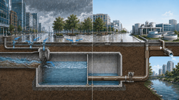 雨水进入地下调蓄池-再生水厂排水示意图。北京市水务局供图