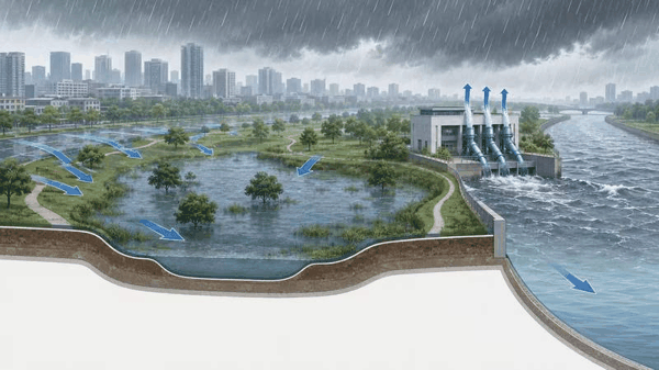 雨水进入城市蓄涝区排水示意图。北京市水务局供图