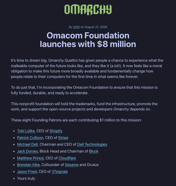 八位创始赞助人，每人 100 万美元｜图片来源：Omarchy