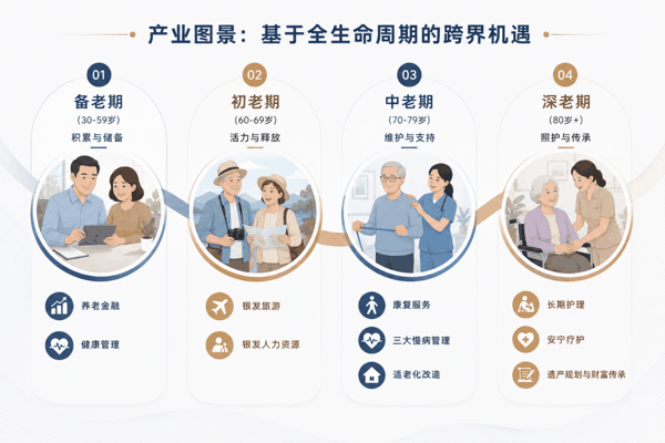 长寿经济中的典型产业示例，来源：根据《长寿经济》内容整理