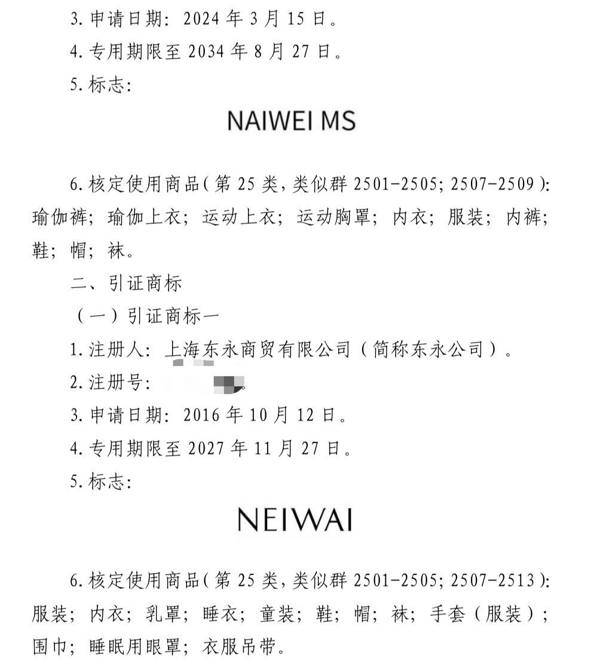▲NAIWEI MS与NEIWAI商标对比