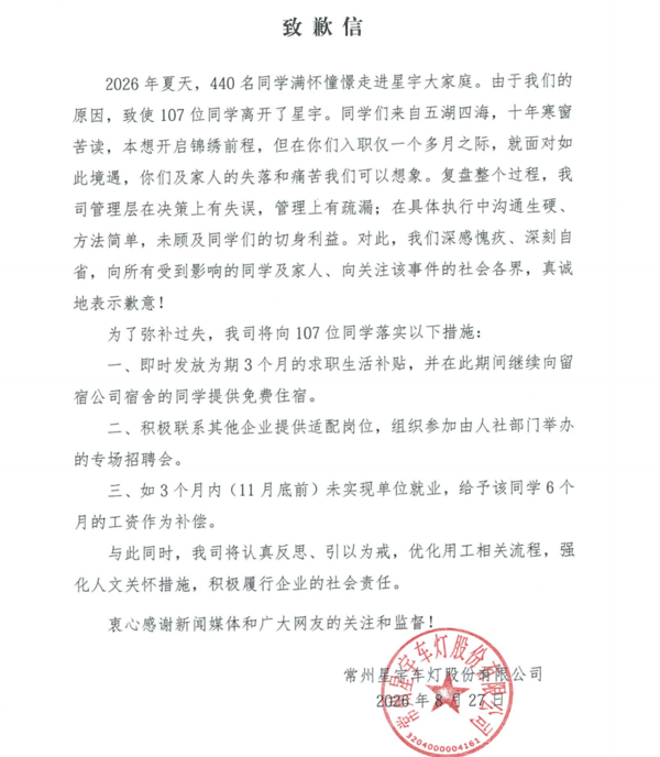 ▲星宇股份致歉信截图