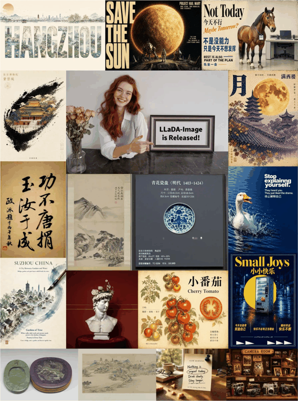 LLaDA-Image 的海报、文字渲染、艺术与设计类生成样例，展示模型覆盖多种视觉创作任务的定性效果。