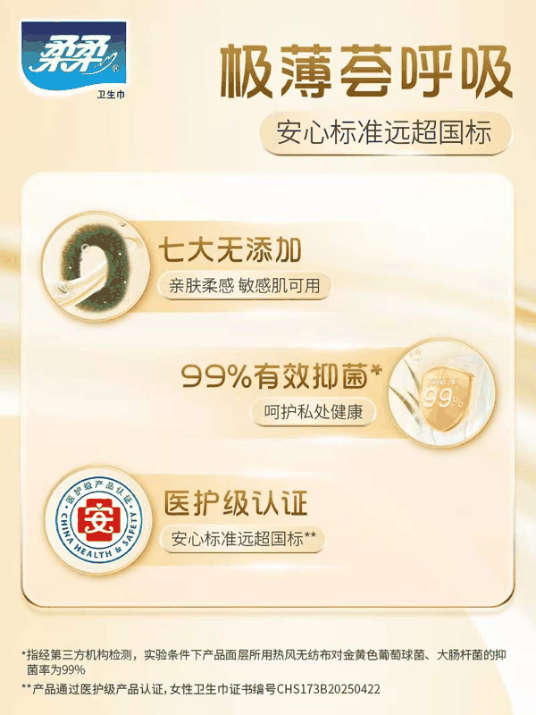 柔柔极薄荟呼吸卫生巾商品页宣传“医护级”认证远超国标。 电商截图