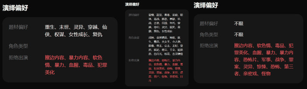 三名未成年人页面中标注的演绎偏好。