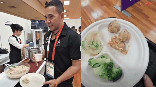 ▲泰国国家队主教练视频显示的亚运会餐食