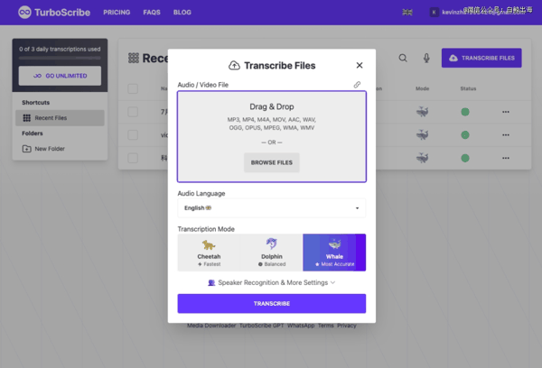 「TurboScribe」上传页面