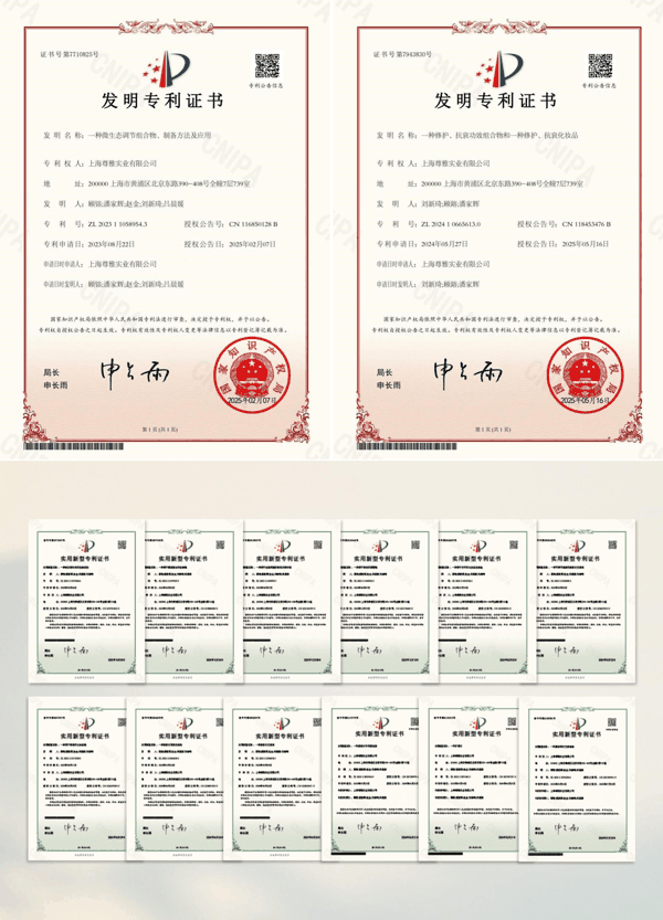 （图注：丽妍雅集Rubis SPA母公司上海尊雅实业集团手握共十多项实用新型专利、发明专利）