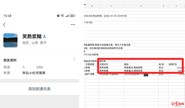 ▲微信1.9万余元流向一个与警官手机号码绑定的微信号