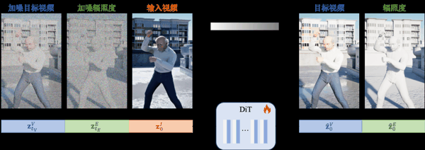 图 3：联合训练流程。RGB 与辐照度使用独立的噪声时间步，并在同一模型中交换信息。