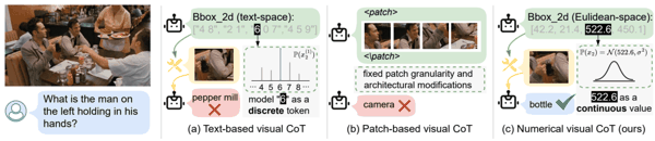 图 1  三种区域选择方式：文本坐标、固定 patch，以及 NV-CoT 的连续数值坐标。