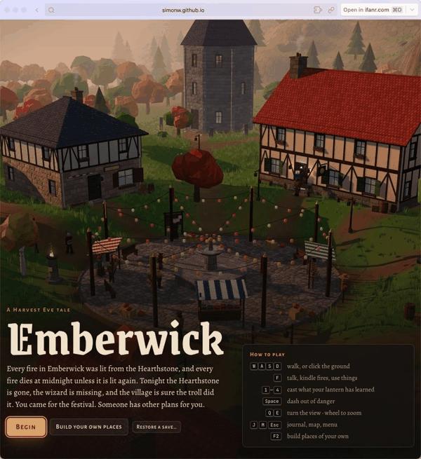 ▲ 由 Claude Chat 制作的 RPG 游戏 Eberwick。图片来源：simonwillison.net