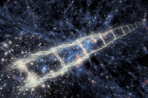 以星辰和星系为背景的宇宙距离阶梯示意图。